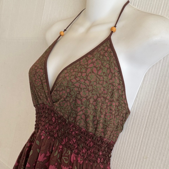Green Y2K Babydoll Halter Top Size S Brown Pink Floral Cotton Fairy Boho Earthy - Picture 6 of 15